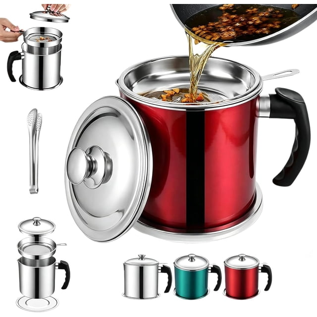 2026 New Stainless Steel Oil Filter Pot Can, Large Capacity Grease Container Stainless Steel, Bacon Grease Saver Strainer And Strainer Lid Kitchen for Filtering Separating Reusing Oil(Red)