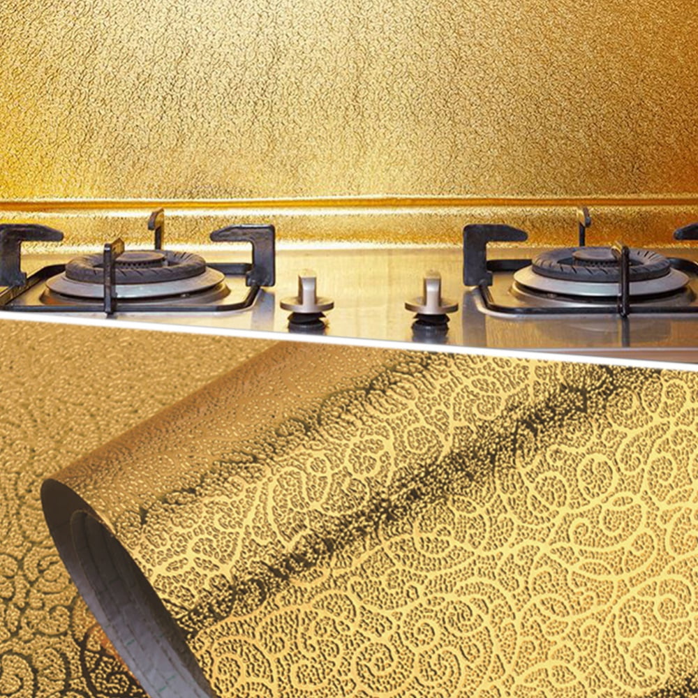 BOLLSLEY Kitchen Backsplash Wallpaper Stickers, Oil Proof Waterproof Aluminum Foil Sticker Self Adhesive Stainless Steel Contact Paper Stove Stickers Kitchen Wall Stickers, Gold