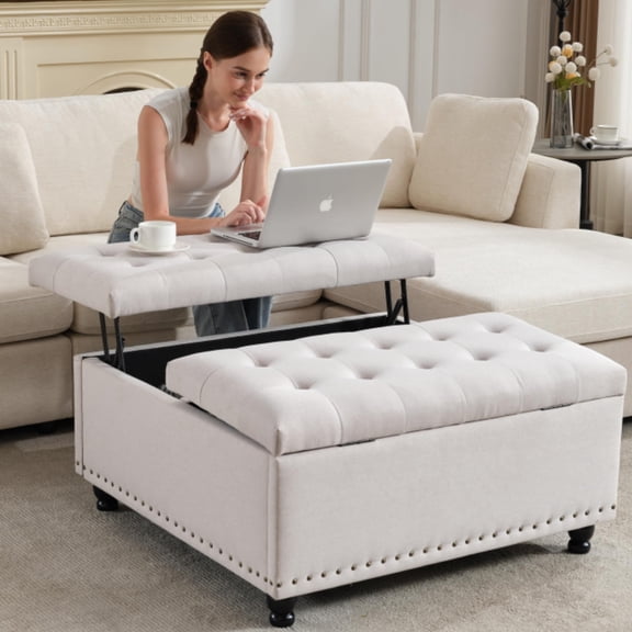 Beige Tufted Lift-Top Storage Ottoman Bench With Nailhead Trim And Wooden Legs