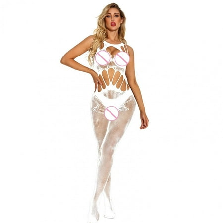 

Jikolililili Ladies Casual Underwear Bra Fashion Women Hollow Out Lingerie Solid Fishnet Dress Free Size Bodysuit Black one Size on Clearance（White）