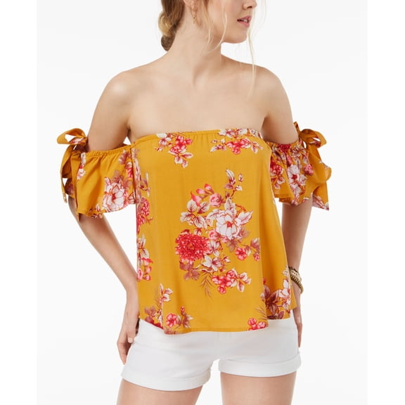 Gypsies Moondust Juniors Off The Shoulder Tie Sleeve Top Mustard Floral M