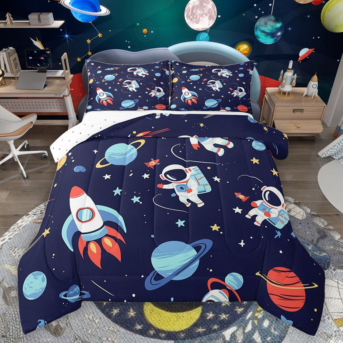 Castle Fairy Kids Boys Girls Cartoon Astronaut Rocket Full Size Comforter Sets 3-Piece Galaxy Universe Bedding Comforter Set Kawaii Cosmos Planet Lightweight Bedding Sets Luxury Bedroom Decor
