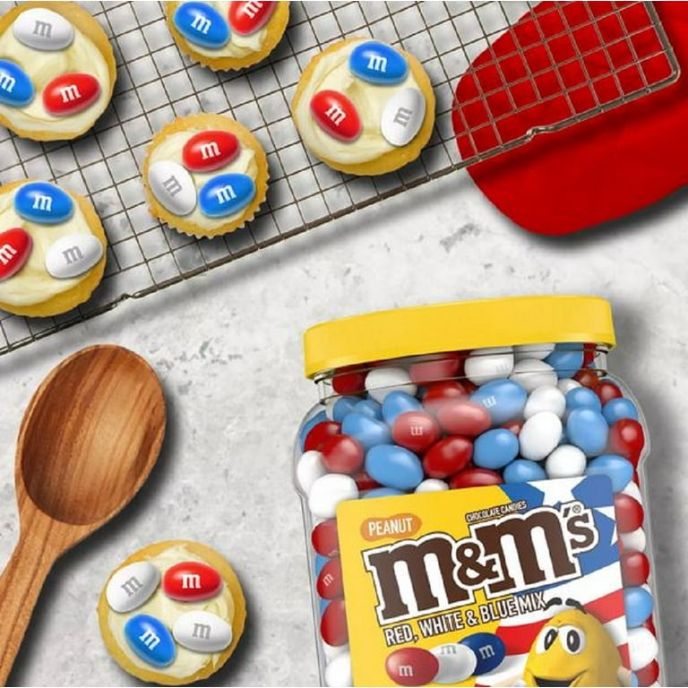 red white and blue peanut M&Ms sweets arranged in Union Jack Stock
