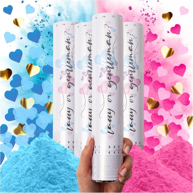 Canon à Confettis pour Révélation de Genre - Lot de 4 - Bombes Biodégradables Bleu et Rose pour Révélation de Genre Fumée et Poppers à Confettis en Forme de Cœur / Canon à Poudre pour Révélation de Genre / Lanceur de Poudre Machine pour Révélation de Genre