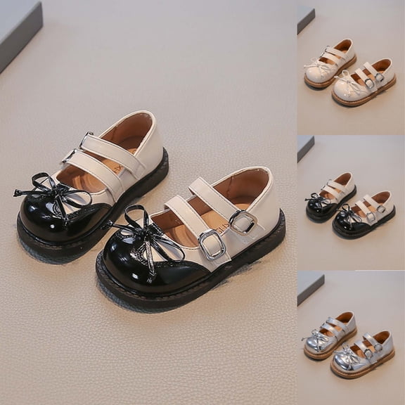 SGFCWSX Girls Wedge Mary Jane Shoes Kids Double Buckle Bow Patent Leather Casual School Shoes Black Size 11 Little Kids