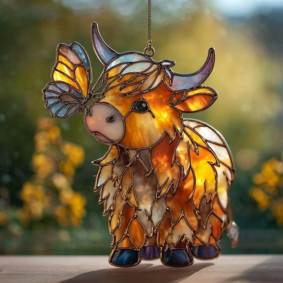 Highland Cow Suncatcher: Acrylic Butterfly Window Hanging