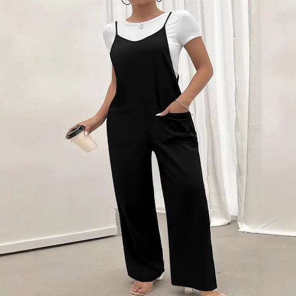 Htigea Clearance Women Summer Sleeveless Bib Overalls Tulip Baggy Capri Jumpsuits with Pockets under $10.00 Black 2XL