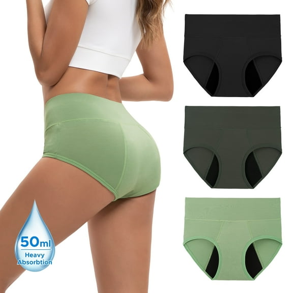 INNERSY Women's Rayon from Bamboo Period Underwear - High Waist Leakproof Briefs for Heavy Flow, Breathable 3-Pack(L,Black/Dark gray/Green)