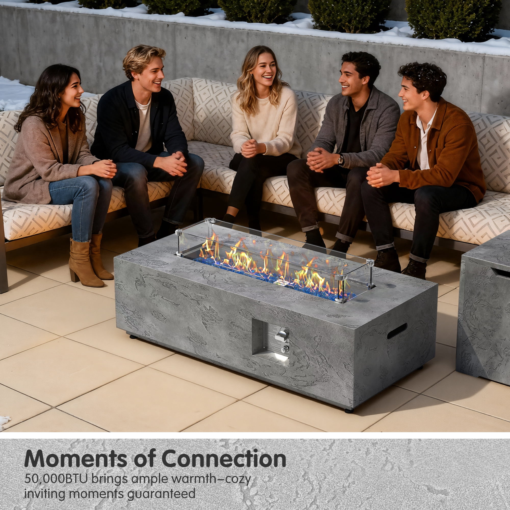 42 in. Retangular Coating Steel Propane Firepit Table, 50,000 BTU Outdoor Fire Pit Table in Gray-Rock Veins