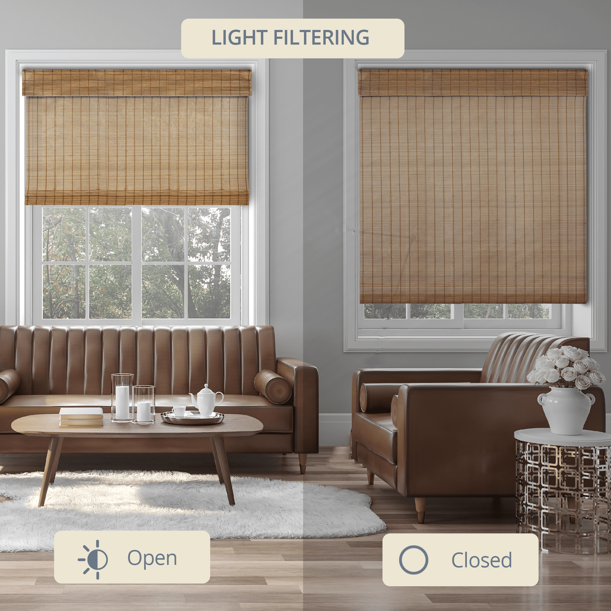 Natural Woven Light Filtering Cordless Bamboo Roman Shades for Windows, 48.5 in. W x 72 in. L, Butternut