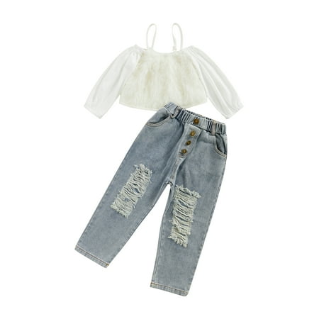 

Musuos Baby Girls Off Shoulder Fluffy Feather Shirt Blouse Tops Ripped Denim Jeans Pants