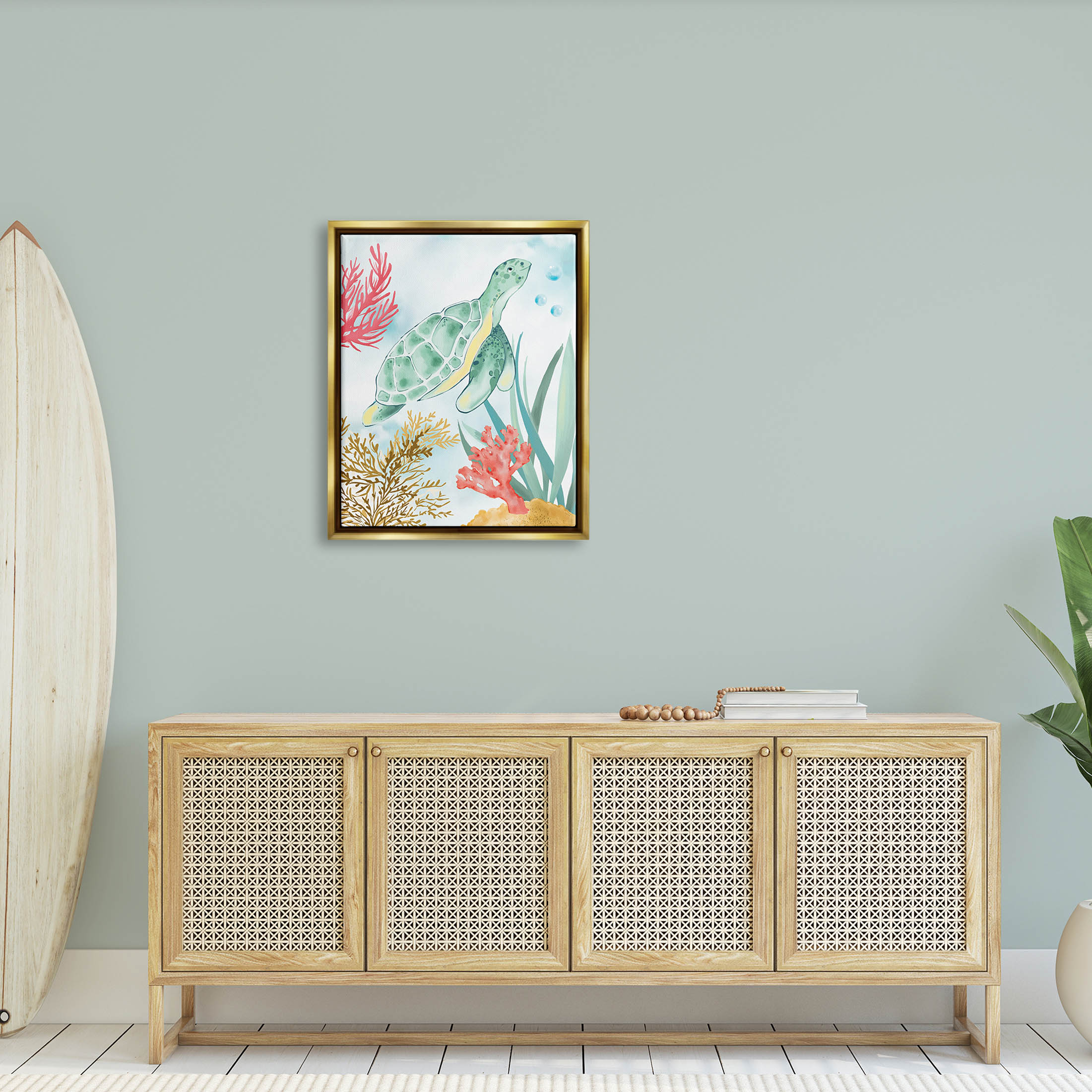 Stupell Industries Turtle Coral Reef Bubbles Graphic Art Metallic Gold Floating Framed Canvas Print Wall Art, Design by House of Rose