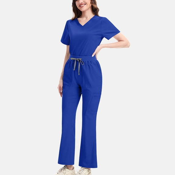 Nfurl Women's Scrubs Sets Stretchy Waist Drawstring Pants Short Sleeve V Neck Scrub Tops with Pockets Nursing Uniforms Set 2 Piece Workwear Blue XL