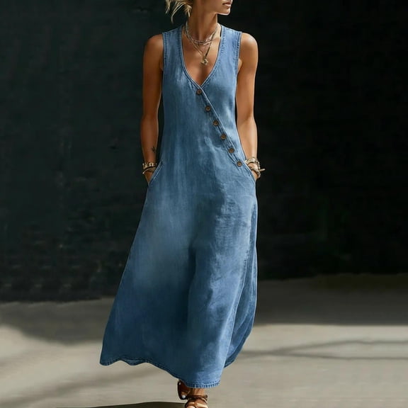Shihyeh Women's Summer Solid Color Imitation Denim Casual Sleeveless Dress