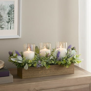 Mainstays Decorative Pillar Candleholder Centerpiece with Faux Lavender and Brown Wooden Box, 9"