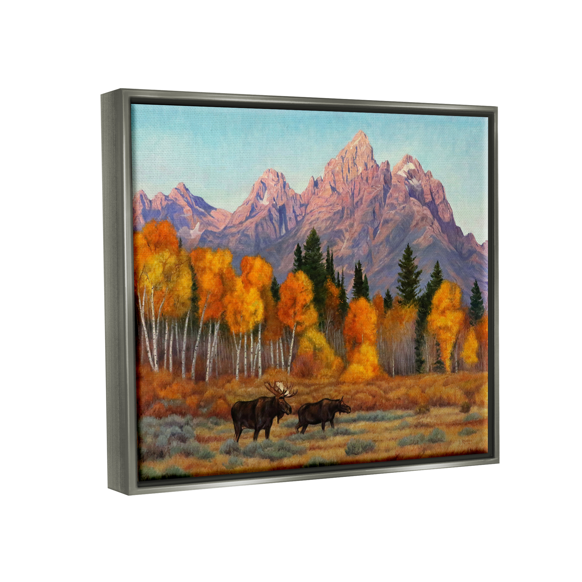 Stupell Industries Wildlife with Autumn Scenery Landscape Painting Gray Floater Framed Canvas Art Print Wall Art, 31 x 25