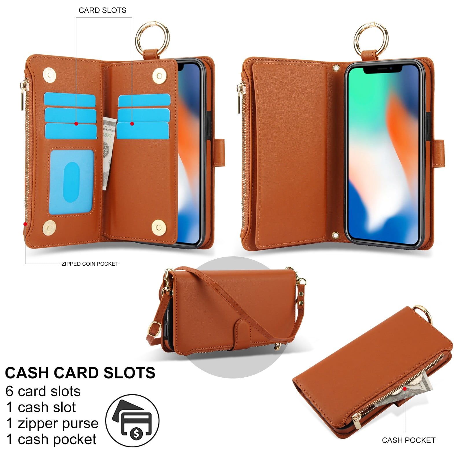 ELEHOLD For iPhone XS/X Phone Case Leather Crossbody Zipper Card Wallet Flip Case Kickstand Cover, with Ring Holder,Full Body Protection-Brown