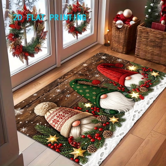 2D Flat Printing Christmas Gnome Doormat, 16" x 24" Winter Welcome Front Door Rug, Non-Slip Christmas Door Mat for Indoor Entrance Porch Home Decor