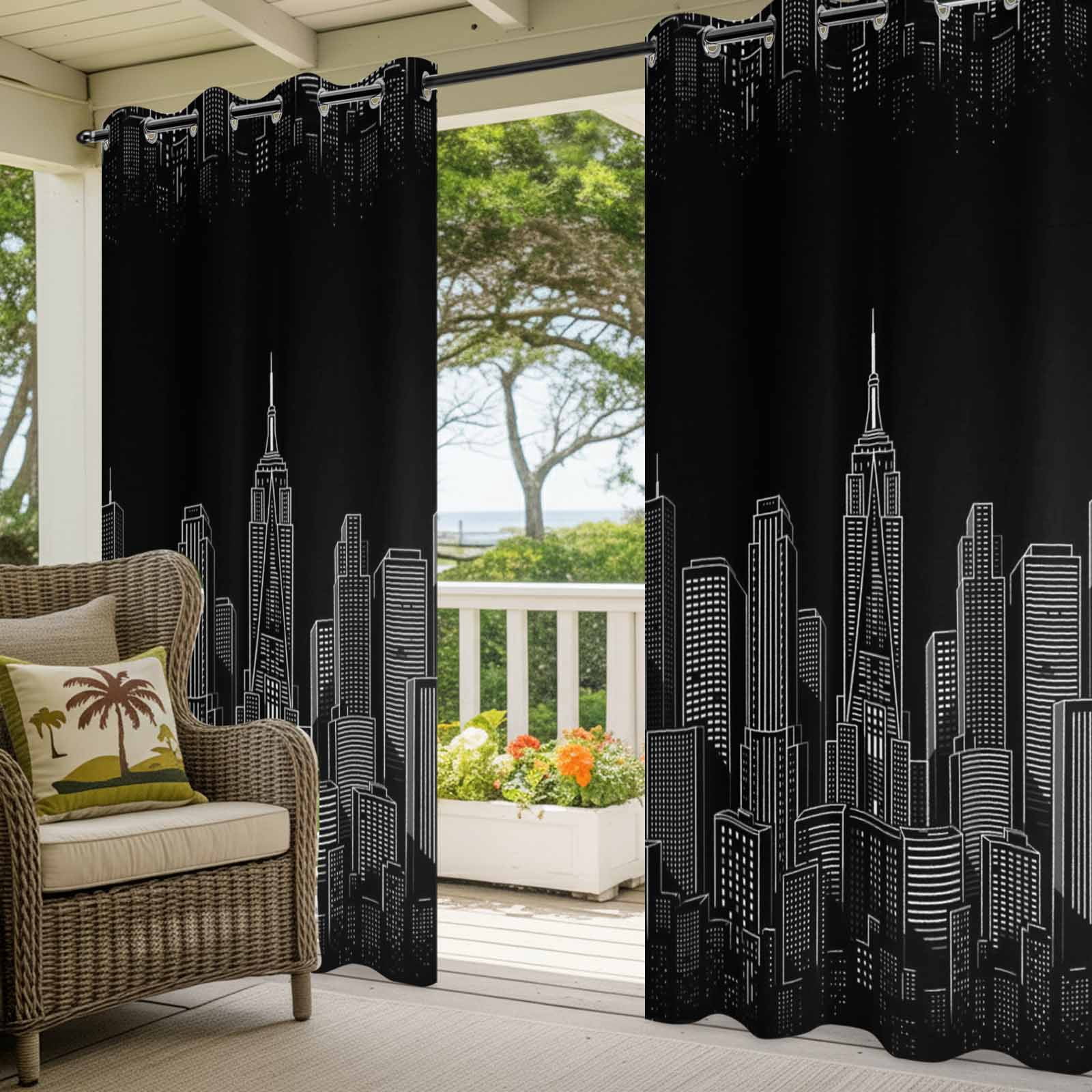 Modern Art Outdoor Curtains for Patio, Black and White Skyscrapers Night City Minimalist Sunshade Privacy Drapes Grommet Waterproof Outside Curtains for Porch/Cabana/Balcony 54"x 108", 1 Panel