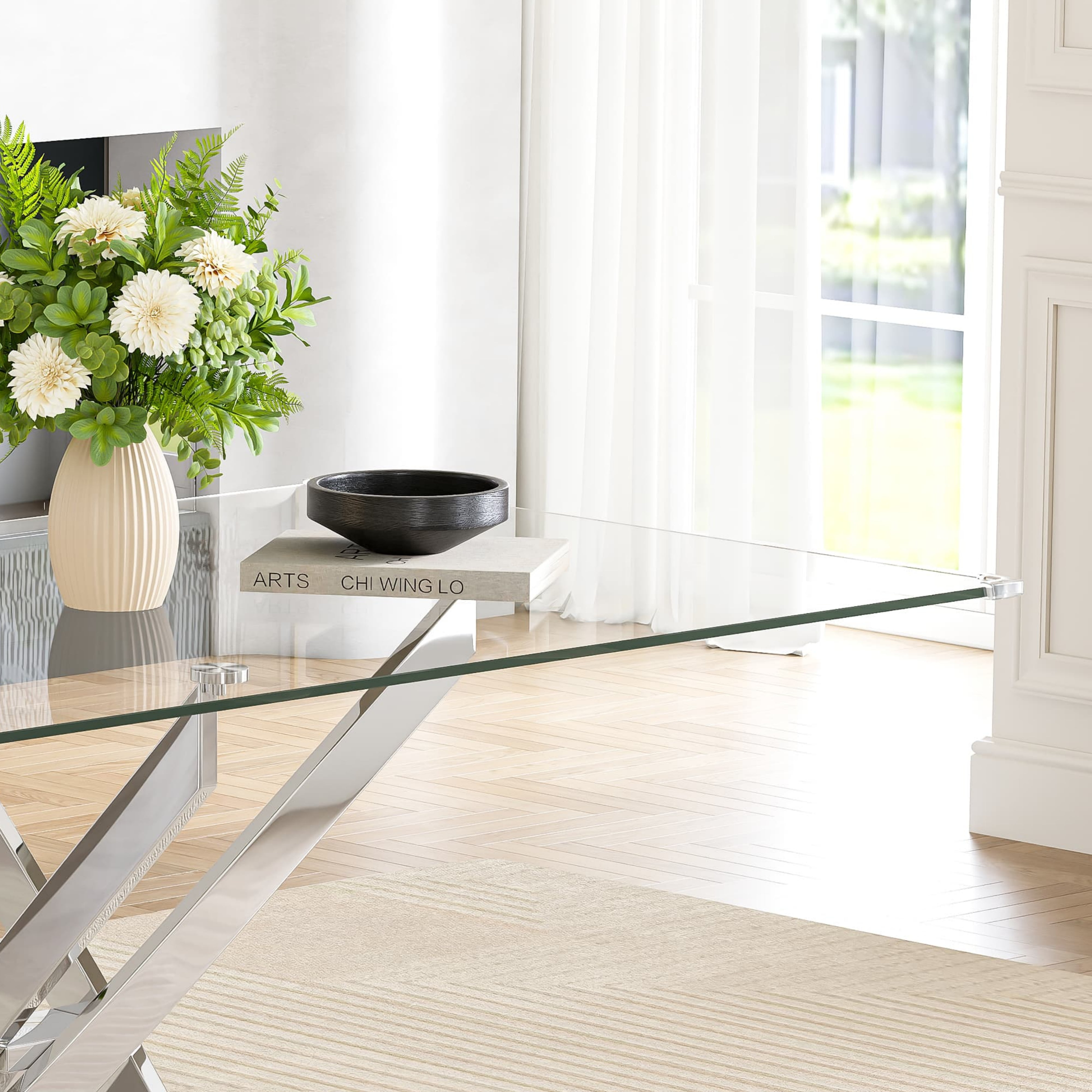 63" Rectangular Glass Dining Table, Modern Clear Tempered Glass Top with Silver Stainless Steel Cross-Legged Base, for Kitchen, Apartment, Living Room