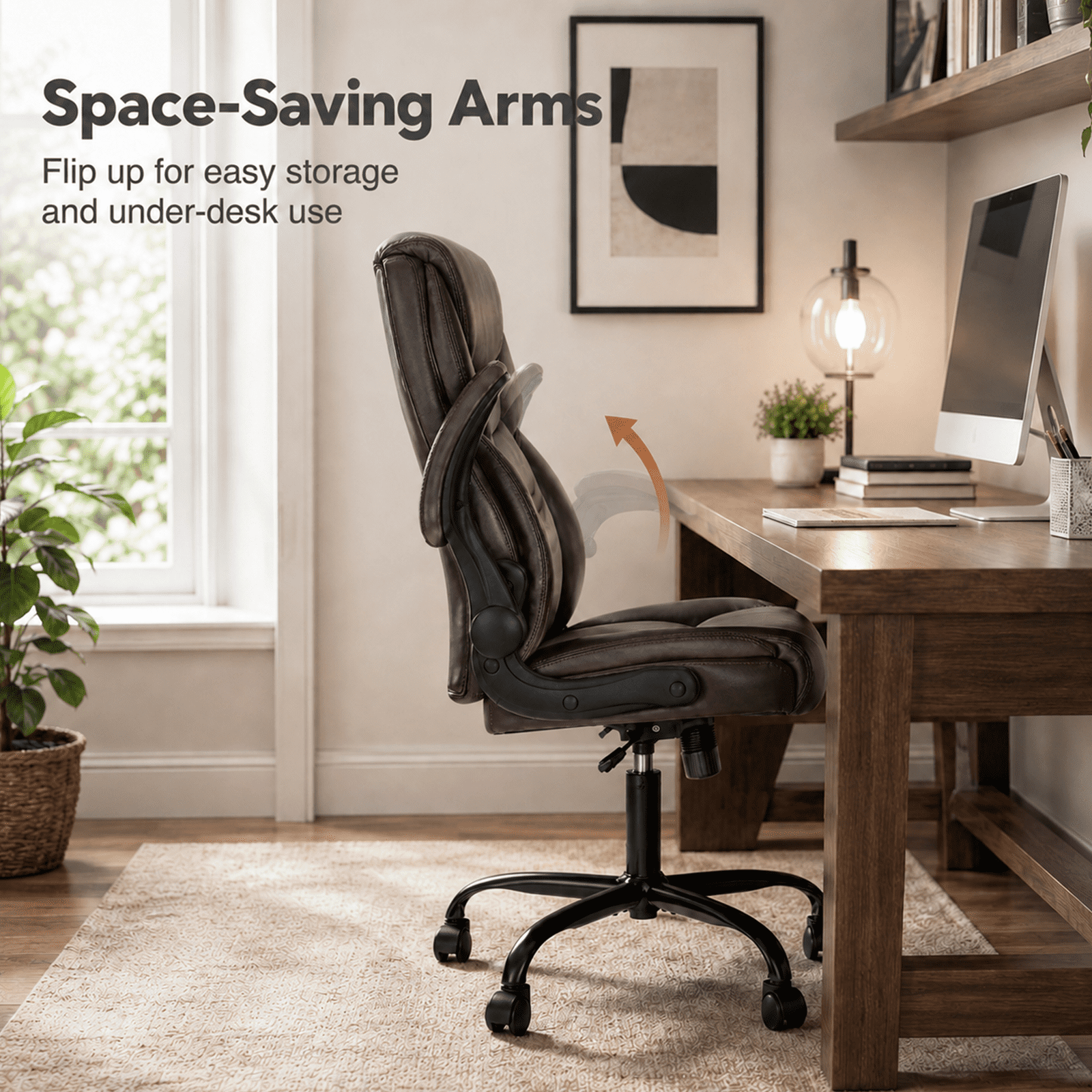 Alvantor PU Leather Executive Office Chair, Ergonomic Big and Tall Computer Desk Chairs, Breathable Leather Chair with Adjustable Flip-up Armrests, Adjustable Lumbar Support, Heavy Duty 300lbs