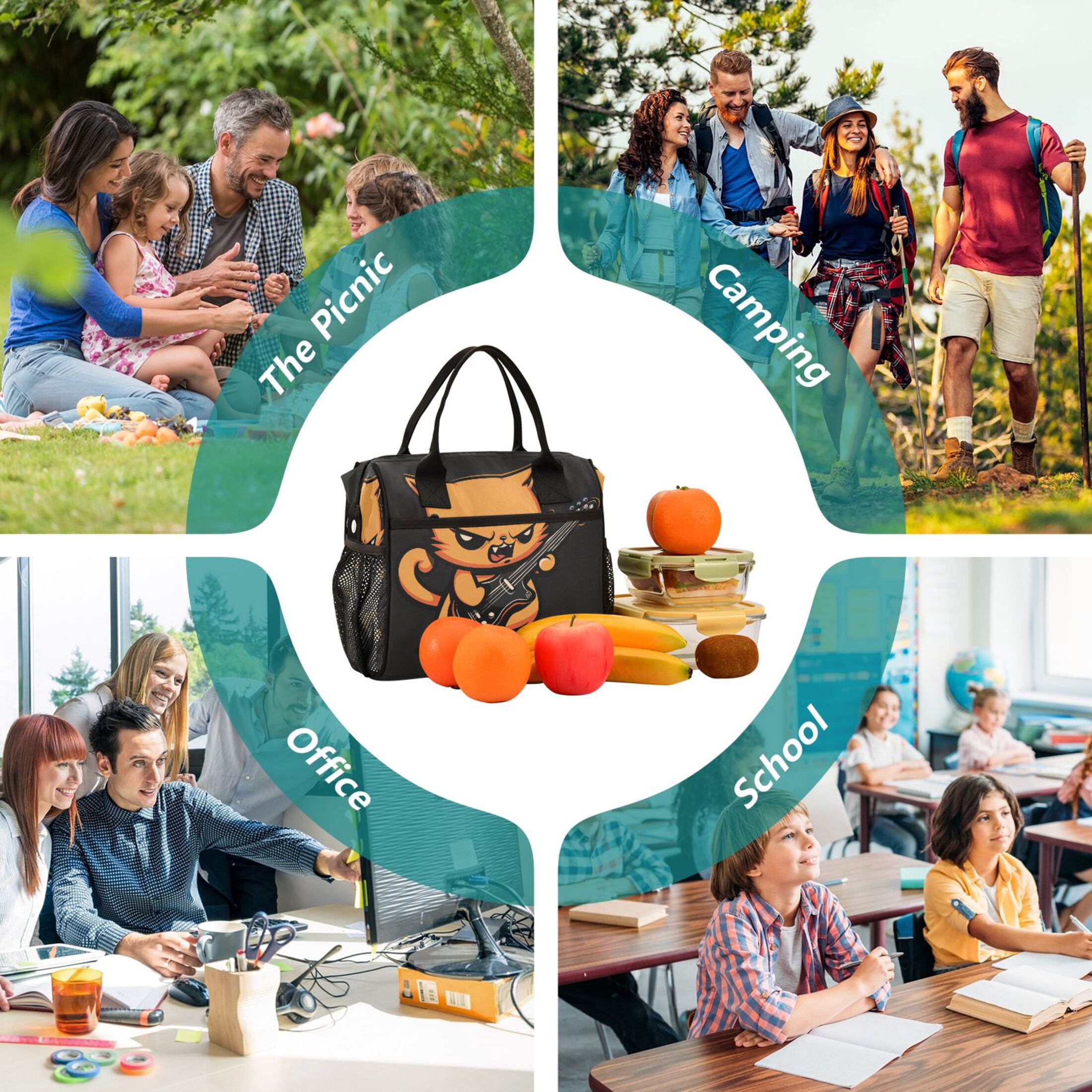 Lunch Bag Insulated Lunch Box Leakproof Reusable Cooler Tote Adjustable Shoulder Strap for Men Women Angry Cat Playing Guitar 9L