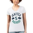 thumbnail image 4 of Women's G-III 4Her by Carl Banks White Seattle Mariners Super-Slim Fit Lightweight City Graphic V-Neck T-Shirt, 4 of 5