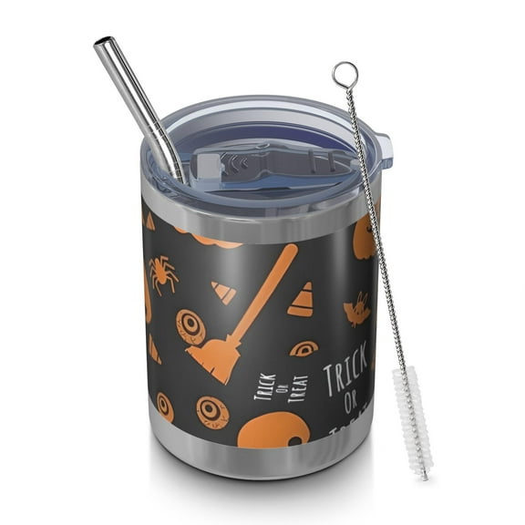 12oz Tumblers Trick or Treat Halloween Pattern Vacuum Insulated Stainless Steel Travel Tumbler Cups Mug with Lid and Straw for Beer,Coffee,Beverages with Cleaning Brush for Cold & Hot Drinks