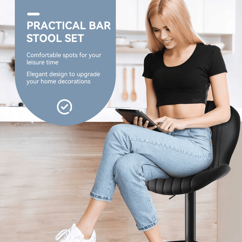 MOONMISS Modern Adjustable Bar Stool Faux Leather Bar Stool, Black(Set of 2)