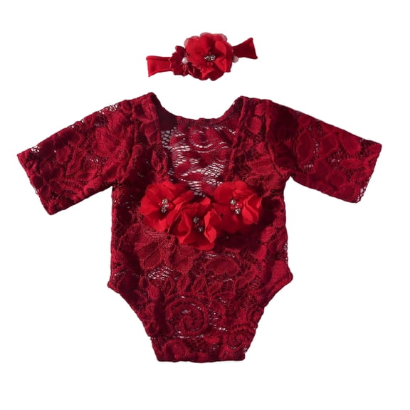 Photoshooting Clothing for Baby Girls Lace Backless Romper Flower Hairband for Infant Photography Shower Gift