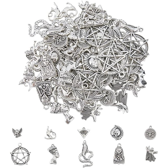 100Pcs 10 Styles Egyptian Jewelry Charms Tibetan Style Alloy Pendants Silver Metal Charms Versatile Small Mysterious Charms for DIY Jewelry Making Hole: 1-3mm Silver