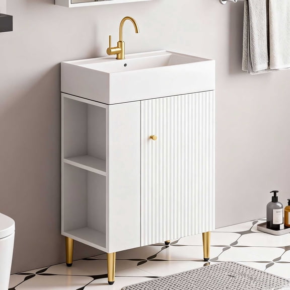 21.6" Bathroom Vanity with Ceramic Sink, Freestanding Bathroom Vanity with Open-Shelving Natural Wood Vanities Cabinet Soft Closing Door Rightt Storage for Small Bathroom White