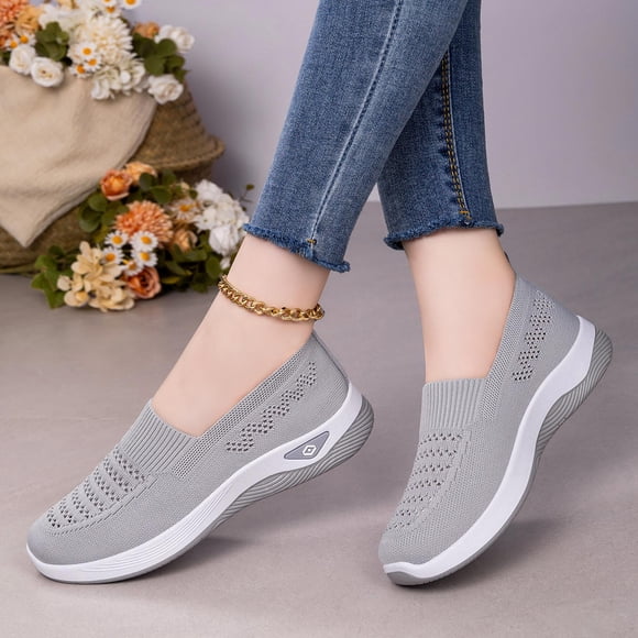 Women Wide Width Breathable Walking Comfortable Slip on Sneakers Lightweight Sneaker Nurse Shoes Arch Support Sneakers Breathable Soft Running Shoes Anti Skid Sports Diabetic Foam Shoes, Gray