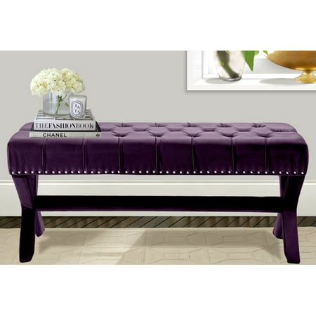 Tufted Bench Seat Chic Home Bentley Velvet Modern Contemporary Button Tufted with Silver Nailheads Seating, Frame and Legs X-Leg Tufted Bench, Plum ()