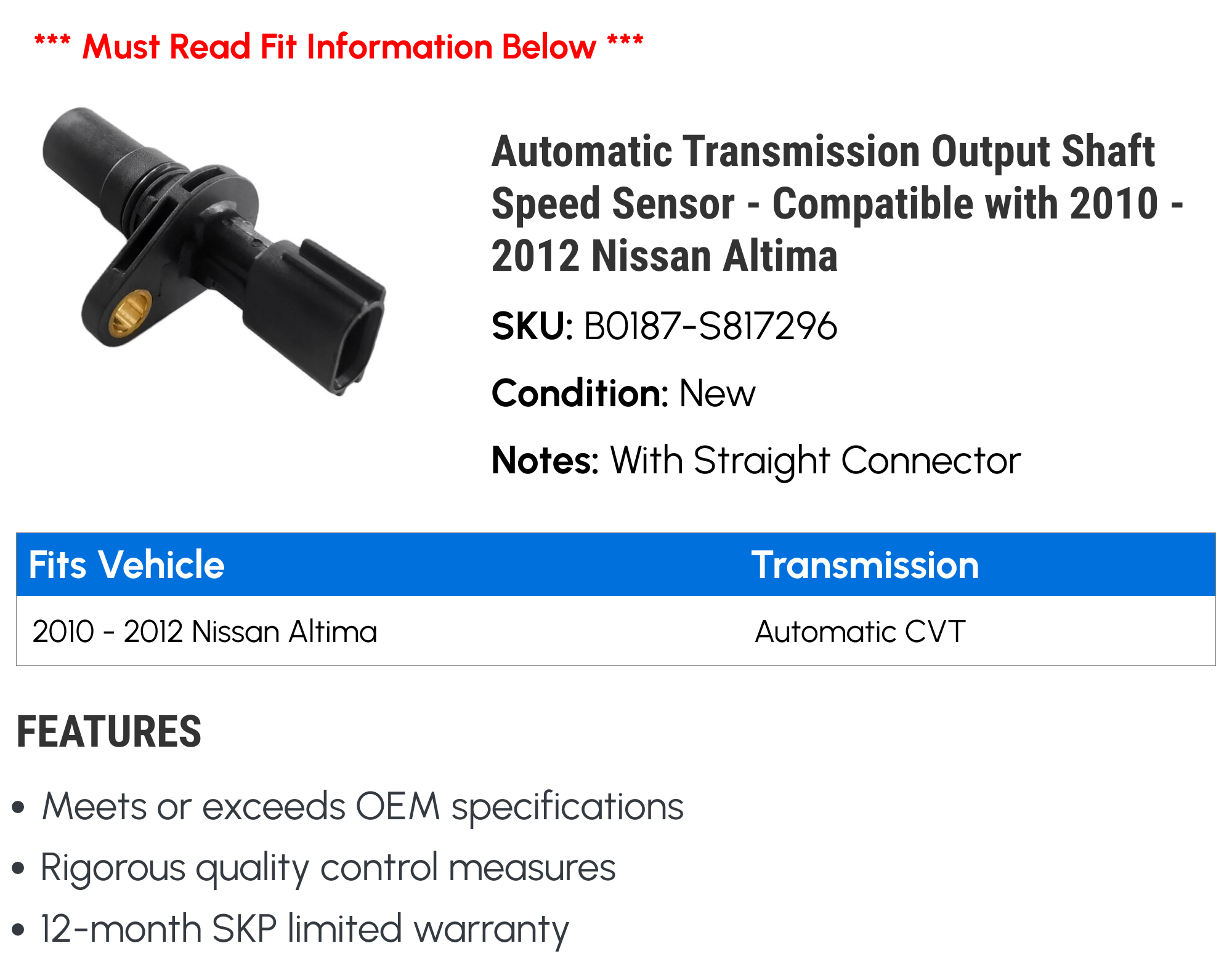 Input & Output Speed Sensor For Nissan Altima / Infiniti CVT – RE0F11A JF015E – NHQ-PARTS
