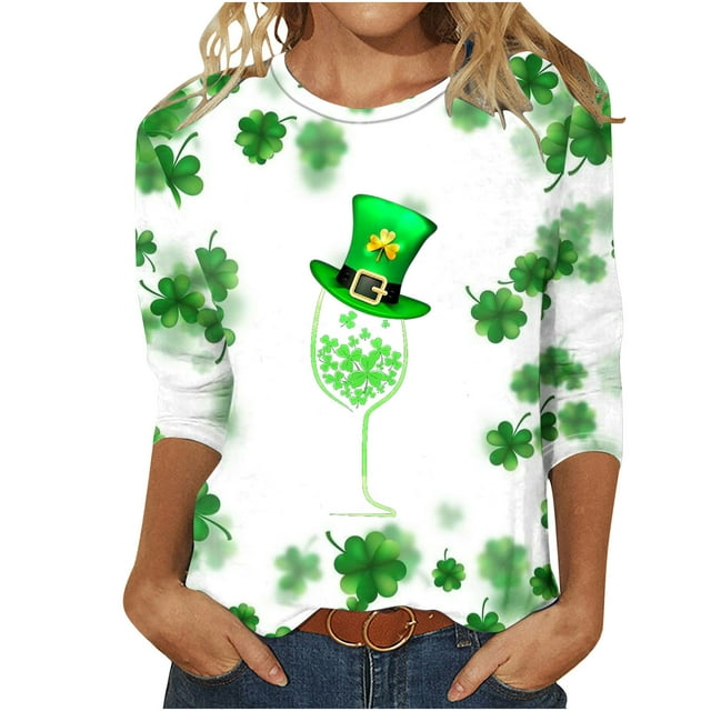 lcziwo Chandails de la Saint-Patrick pour Femmes Haut à Imprimé Vert Trèfle Irlandais Graphique Manches 3/4 Hauts 2024 Printemps Blouses à Col Rond Tunique Porte-Bonheur T-Shirt Grande Taille,P-5TG TTTTG