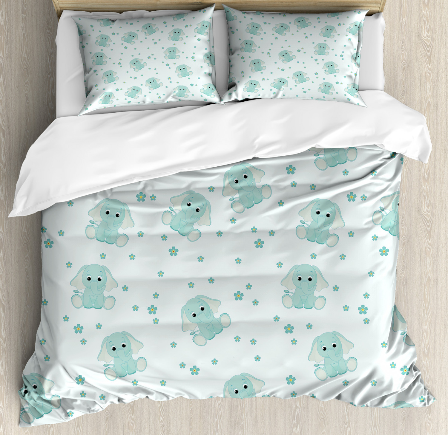 Elephant Nursery Duvet Cover Set, Young Aged Elephants in Spring Meadow