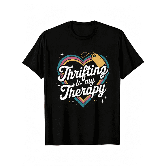 Vintage Thrifting Is My Therapy Graphic T‑Shirt, Retro Heart Tag Print Crewneck Short Sleeve Tee for Thrift Lovers Casual Wear