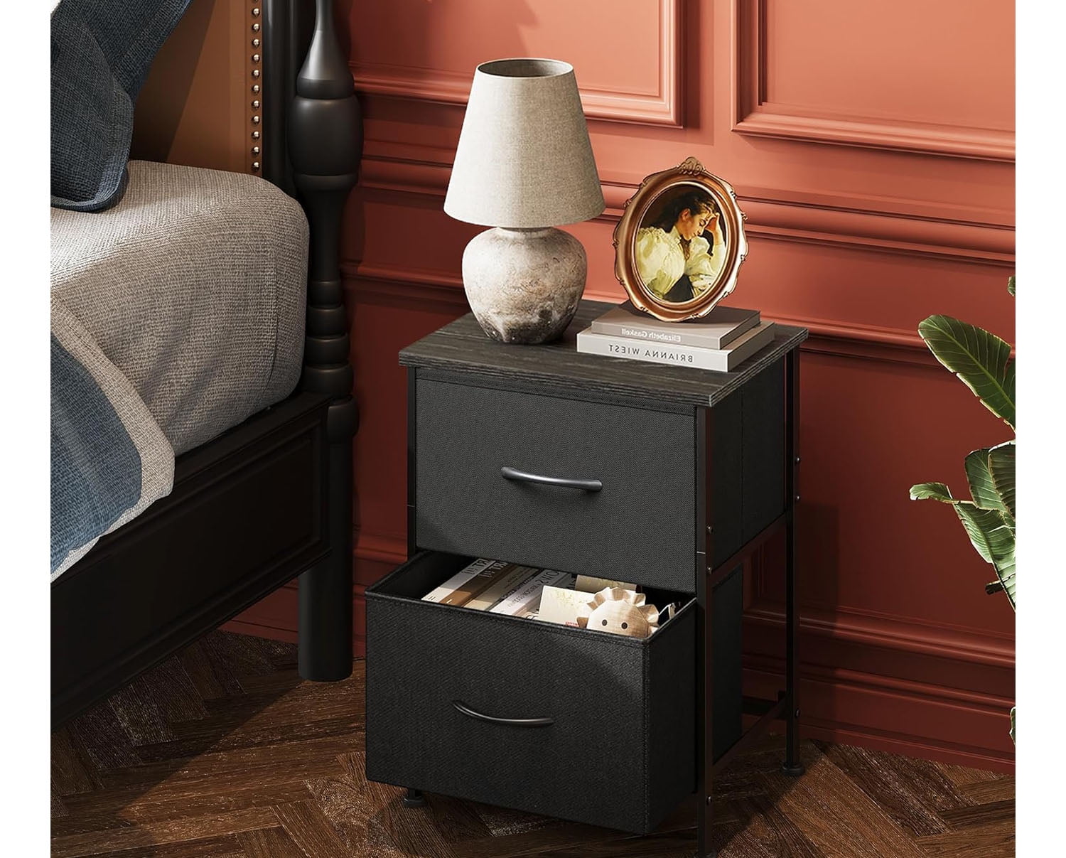 GALAXHERO Nightstand Set of 2 with 2 Fabric Drawers, Small Bedroom Dresser and Bedside Tables for Dorm and Small Spaces, Wood Top, Black
