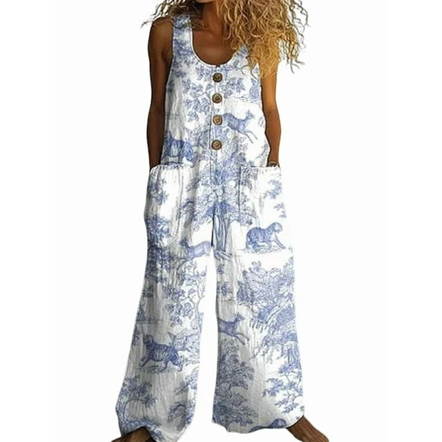 Women'S Summer Boho Casual Jumpsuits Wide Leg Overalls Floral Print Baggy Rompers with Pockets Figure
