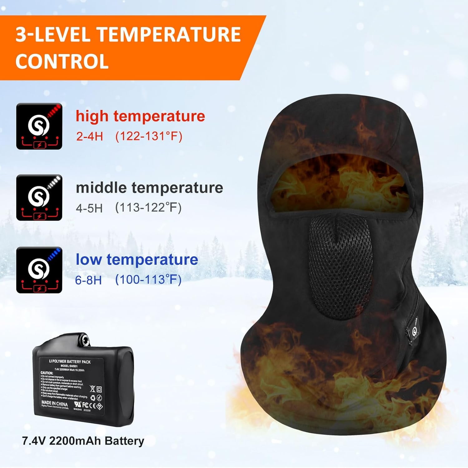 SUN WILL Heated Ski Mask Balaclava for Men & Women, Electric Heated Face Mask,Winter Outdoor Black Windproof
