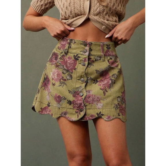 Multicolor Womens High-Waist Scalloped Button-Front A-Line Denim Mini Skirt