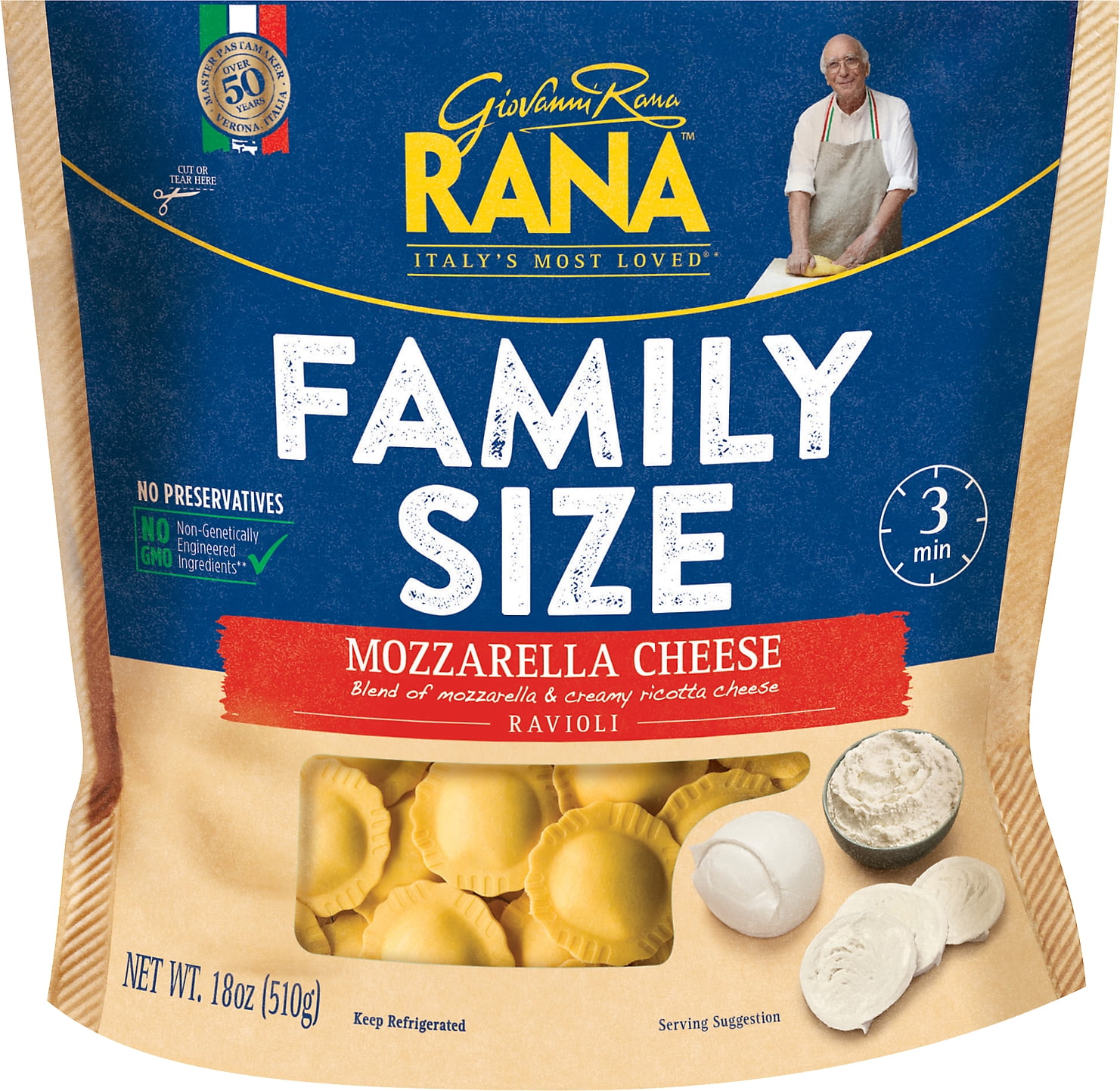Giovanni Rana Ravioli Mozzarella Cheese Filled Italian Pasta Bag (Family  Size, 18oz, Fresh) 