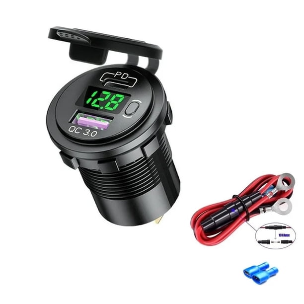 Cargador USB 60W Para Auto Con Interruptor Y Voltímetro - Tipo C Y USB-A, Carga Rápida PD Para 12V/24V En Carro, Camión, Moto, RV