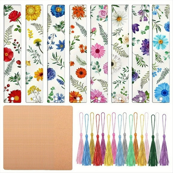 Marcapáginas Acrílico con Flores para Mujer. Marcapáginas Transparente de Acrílico con Borlas de Colores.