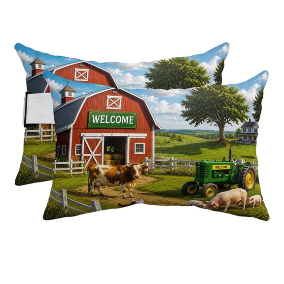Outdoor Pillow for Chaise Lounge Chair Farm Animal Pig Cow Green Tractor Headrest Pillow Set of 2,11x16 inch, Red Barn Rural Fence Waterproof Head Lumbar Pillows for Patio Pool Beach