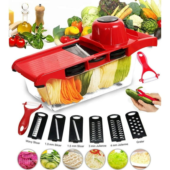 Vegetable Slicer Cutter Mandoline Grater Chopper Slicer, 5 Interchangeable Blades Food Storage Container with Peeler for Potato Tomato Onion Cheese Cucumber