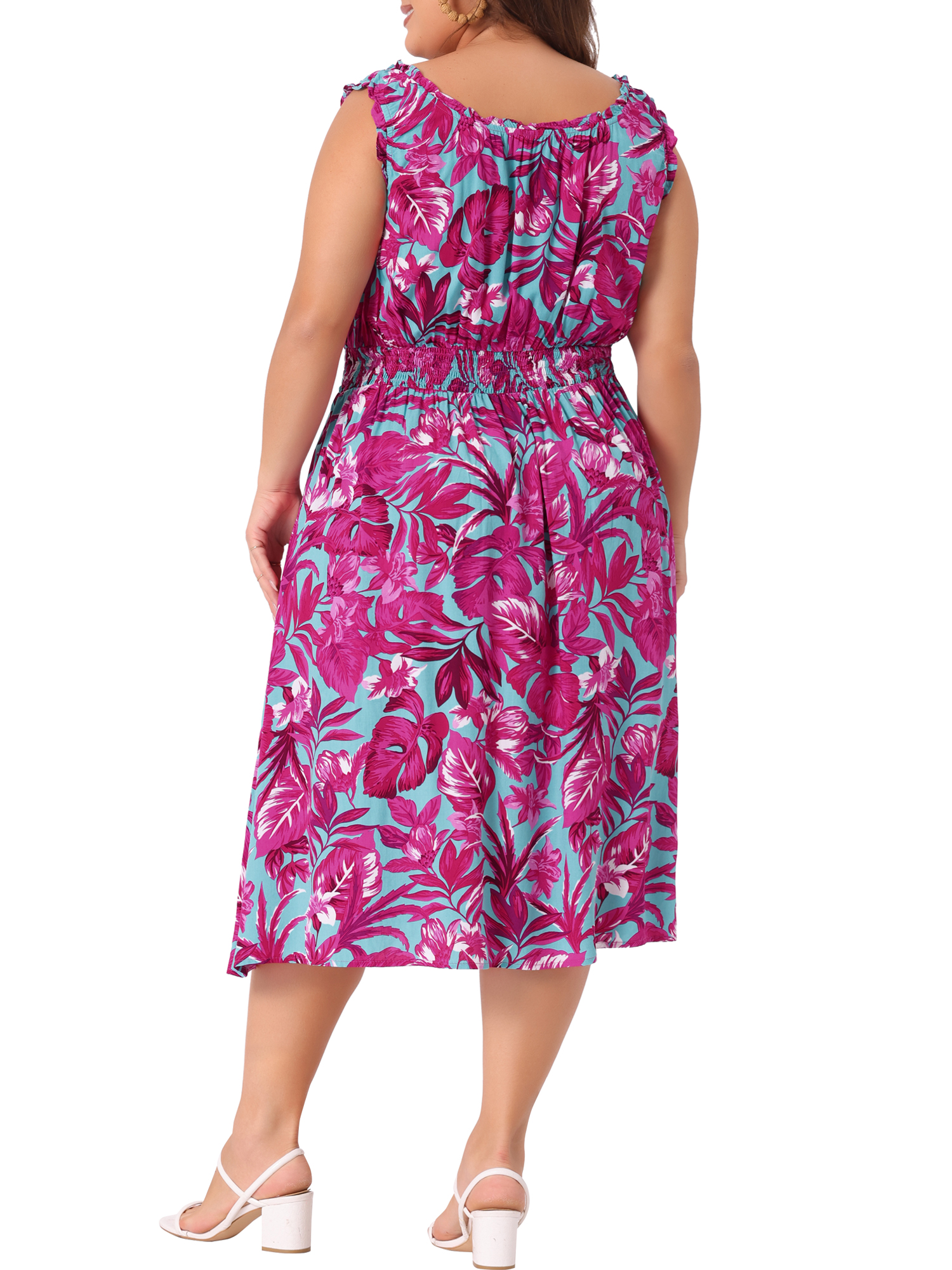 DARING DIVA Plus Size Square Neck Sleeveless Floral Flowy Midi Dress 3X Hot Pink