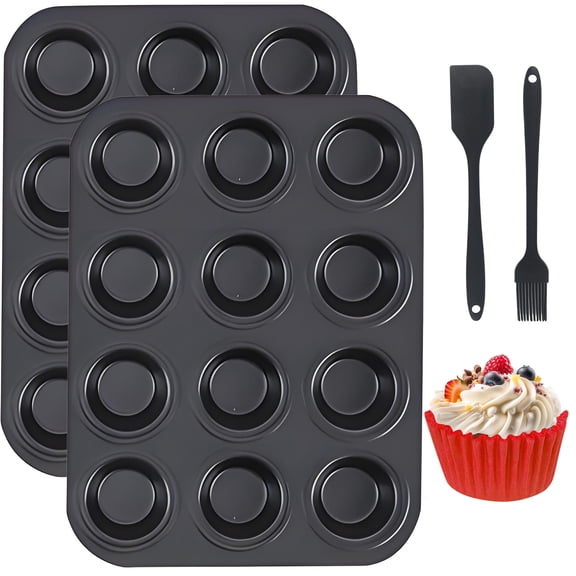 VEGCOO 5pcs Baking Set: 2 Pack 12-Cup Carbon Steel Muffin Pans, Nonstick Cupcake Tins, Includes Large Silicone Spatula, Basting Brush & 100 Red Paper Liners, Essential Bakeware Kit for Muffins & Cake