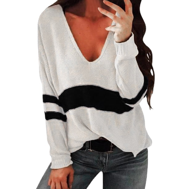 Gibobby Suéter de invierno para mujer de manga larga con cuello en V para mujer Suéter de punto informal a rayas a la moda(Blanco,M)